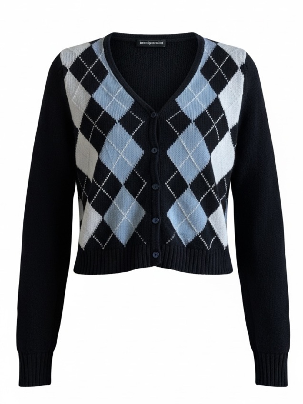 Brandy Melville Navy Blue Cardigan with Light Blue & White Argyle
